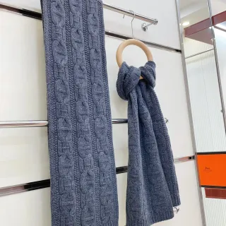Hermès Cachecol de Cachemira Tricô Canalé Azul Grosso Texturizado Acanalado