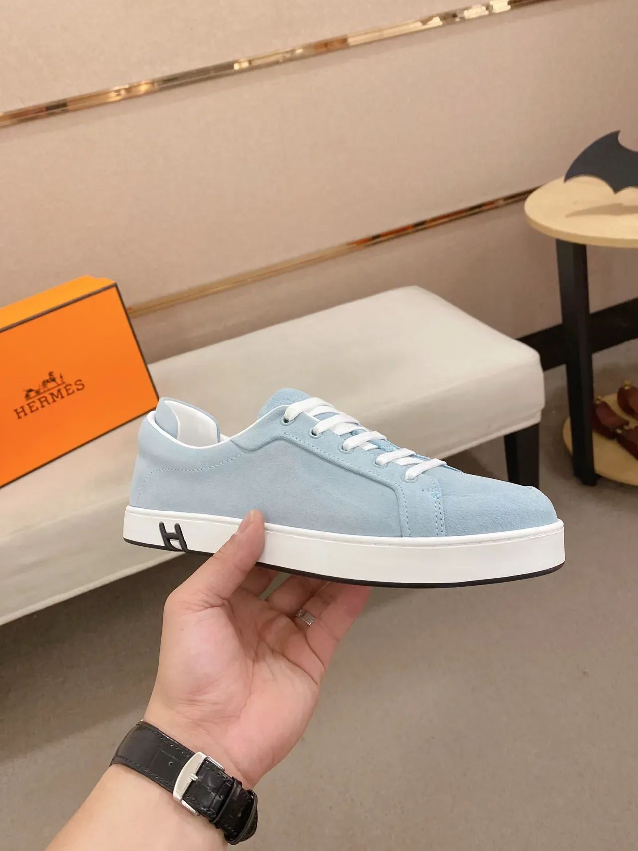 Hermès حذاء رياضي لايف ستايل أبيض أزرق سويد low-top silhouette 4