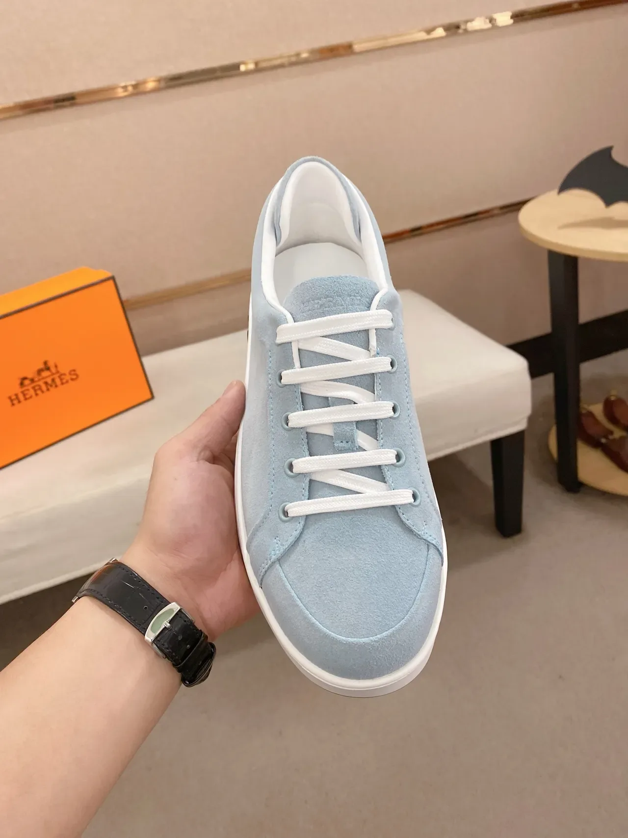 Hermès حذاء رياضي لايف ستايل أبيض أزرق سويد low-top silhouette 5