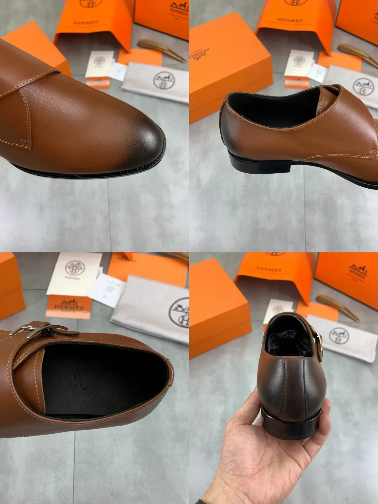 Hermès Brown Black Single-Strap Polished H-Buckle Monk Shoes 2