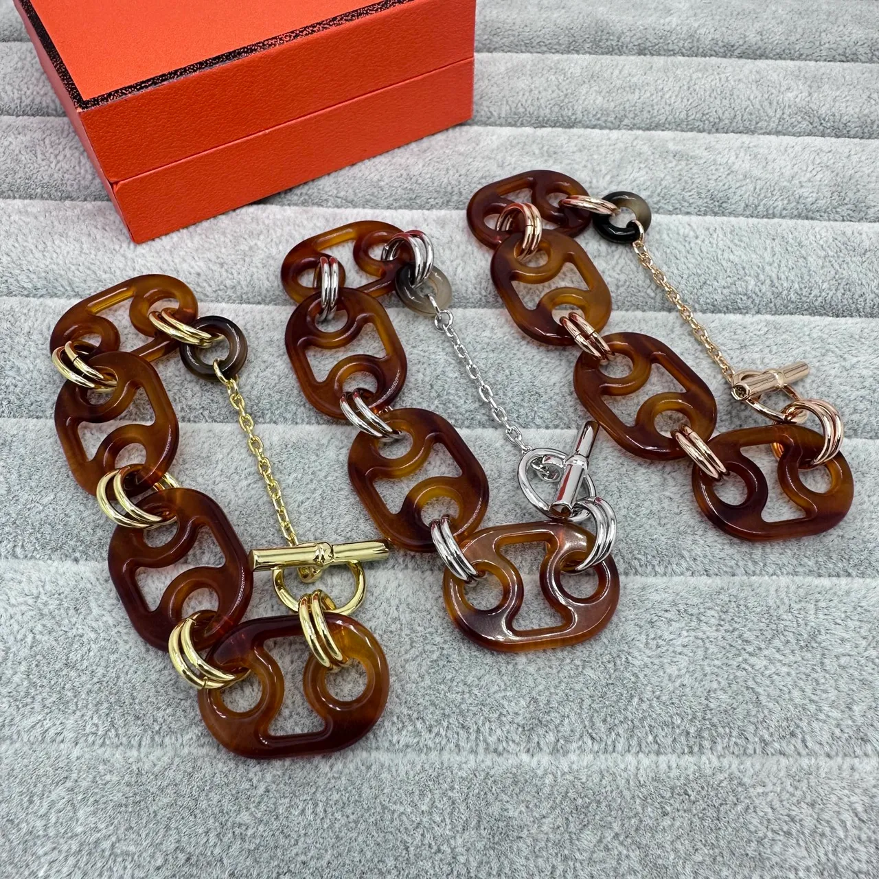 Hermès Brown Gold Resin Link Hardware Bracelet 4