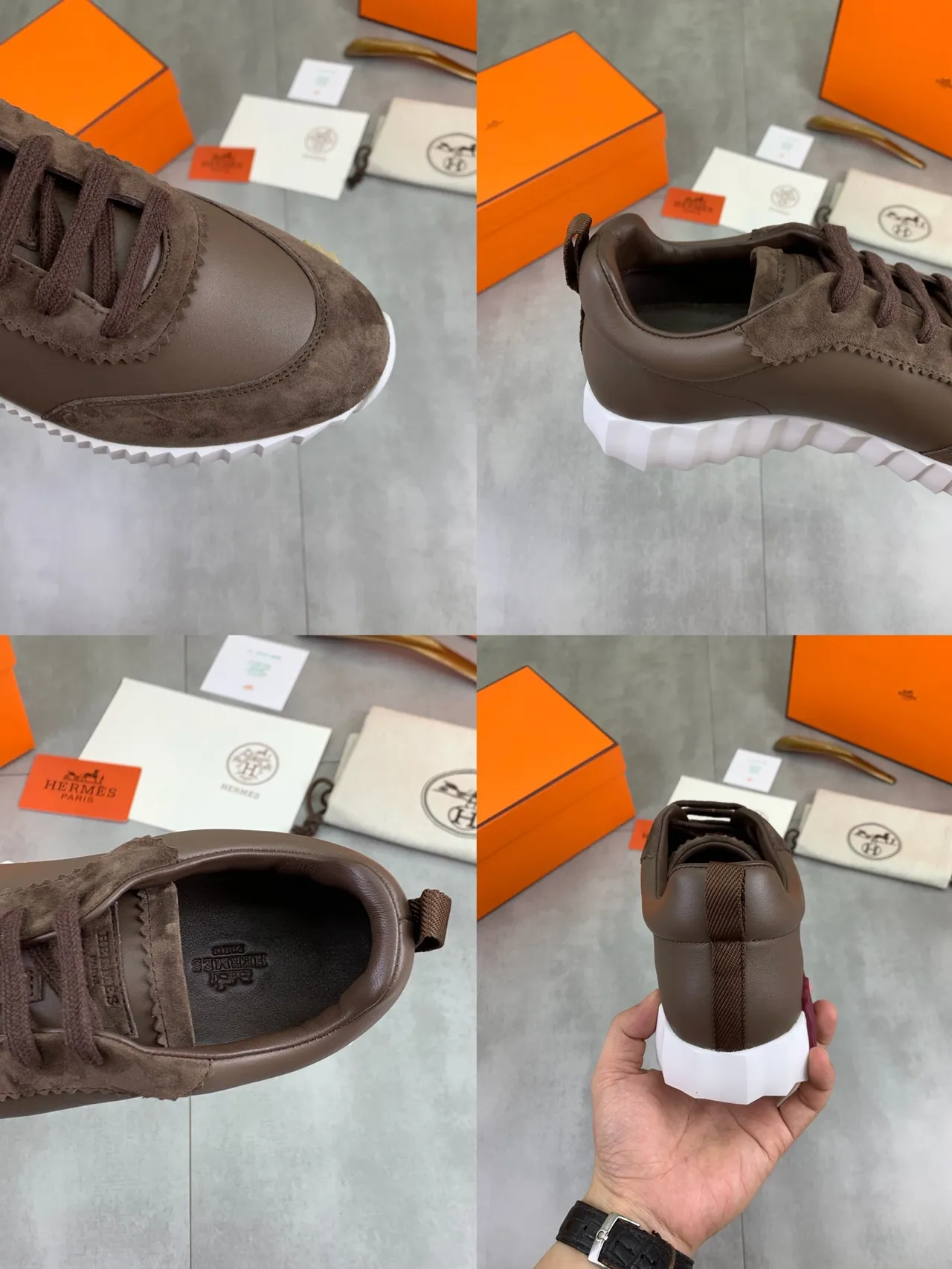 Hermès বাদামি সাদা চামড়া এবং স্যুড উপরের অংশ রিজড মিডসোল লাইফস্টাইল স্নিকার্স 2