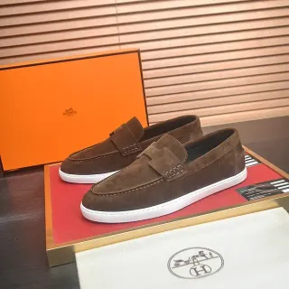 Hermès 棕白麂皮鞋面 橡胶底 乐福鞋