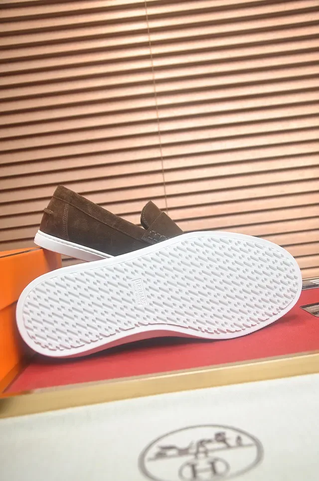 Hermès Brown White Suede Upper Rubber Sole Loafer 3
