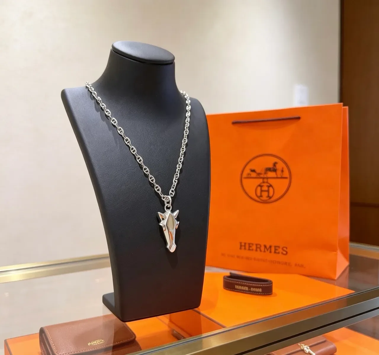 Colar Hermès Cheval Prata Corrente Marin Link Pingente Cabeça de Cavalo Geométrica 5