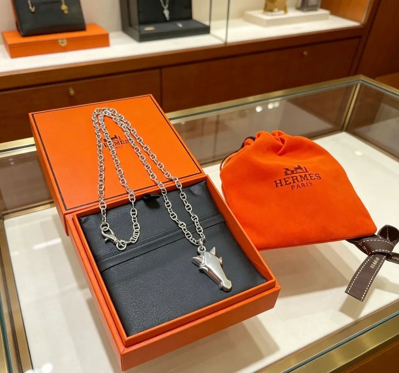 Colar Hermès Cheval Prata Corrente Marin Link Pingente Cabeça de Cavalo Geométrica 6