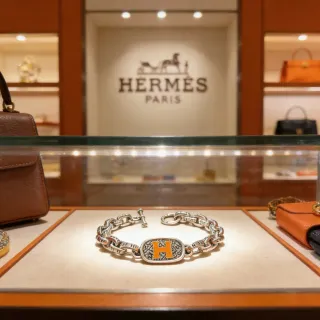 Hermès Collier de Chien Silver Orange Chunky Curb-Link Chain Enamel 'H' Plaque Bracelet