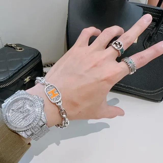 Hermès Collier de Chien রুপালি কমলা মোটা কার্ব-লিঙ্ক চেইন ইনামেল 'H' প্লেক ব্রেসলেট 2