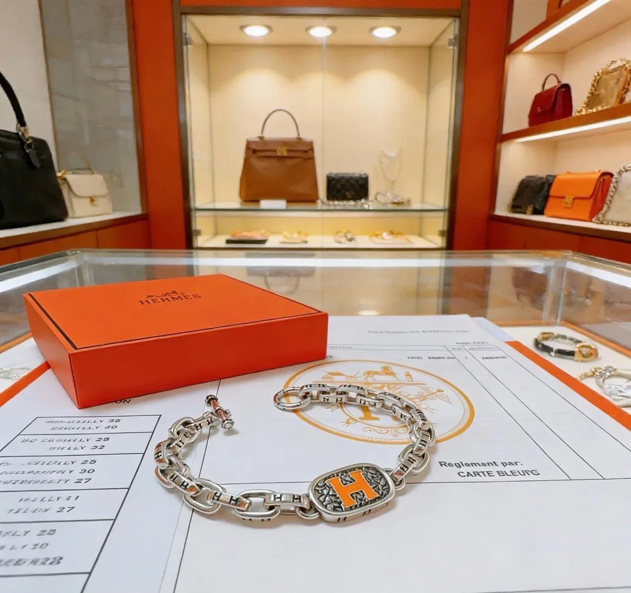 Hermès Collier de Chien রুপালি কমলা মোটা কার্ব-লিঙ্ক চেইন ইনামেল 'H' প্লেক ব্রেসলেট 3