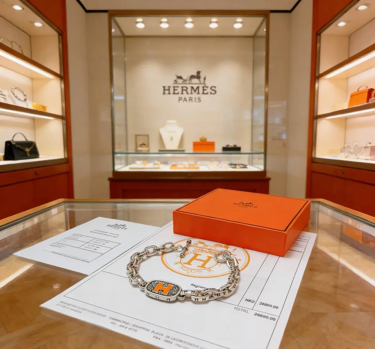 Hermès Collier de Chien রুপালি কমলা মোটা কার্ব-লিঙ্ক চেইন ইনামেল 'H' প্লেক ব্রেসলেট 6