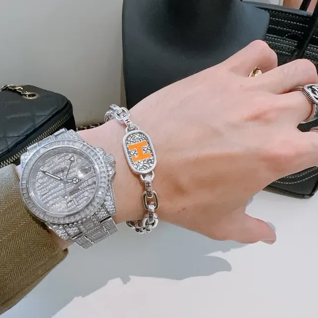 Hermès Collier de Chien রুপালি কমলা মোটা কার্ব-লিঙ্ক চেইন ইনামেল 'H' প্লেক ব্রেসলেট 7