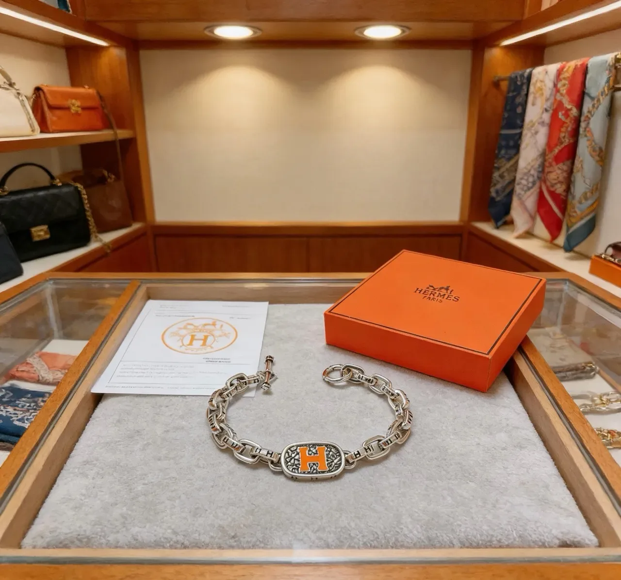 Hermès Collier de Chien রুপালি কমলা মোটা কার্ব-লিঙ্ক চেইন ইনামেল 'H' প্লেক ব্রেসলেট 8