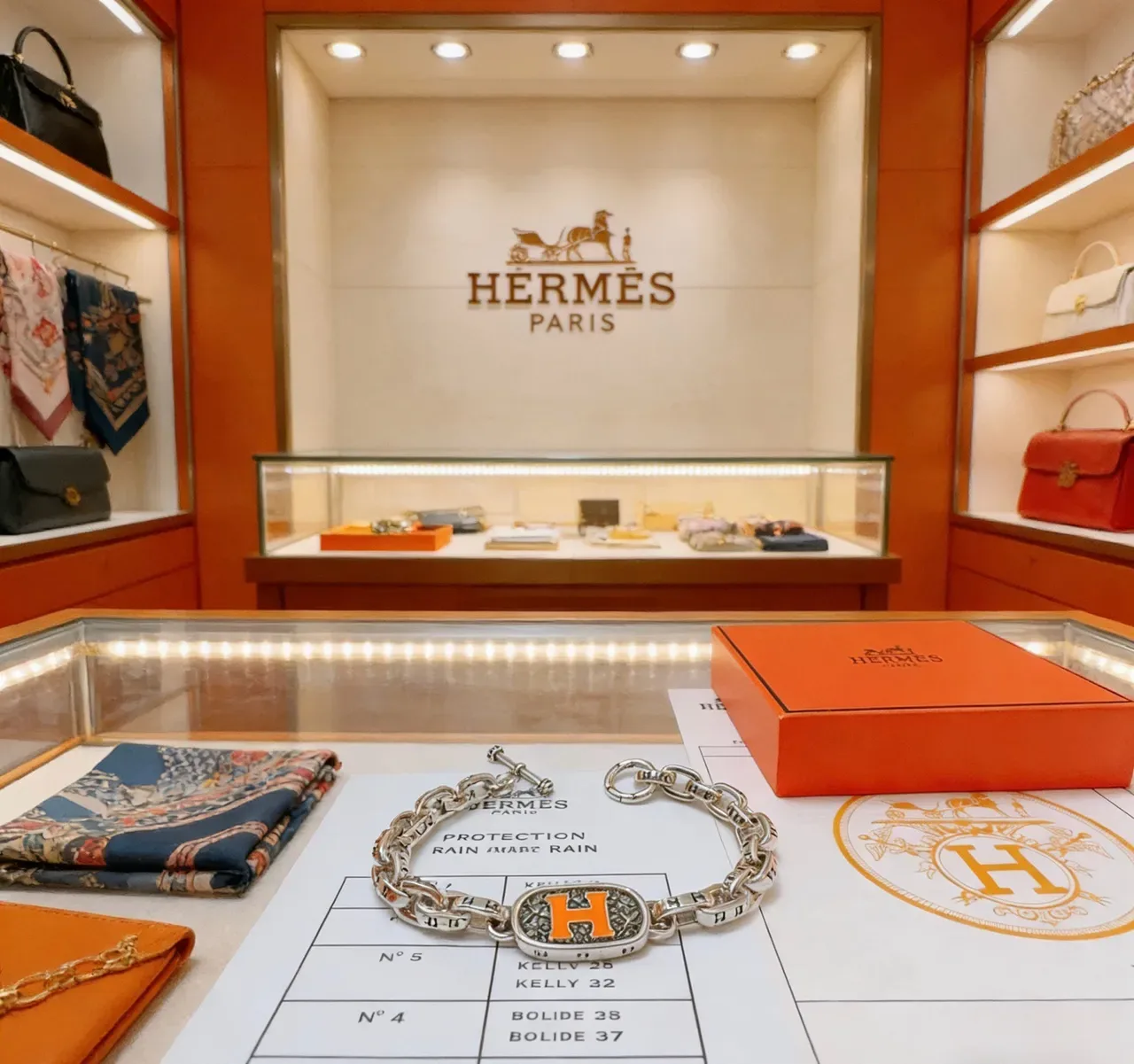 Hermès Collier de Chien রুপালি কমলা মোটা কার্ব-লিঙ্ক চেইন ইনামেল 'H' প্লেক ব্রেসলেট 9