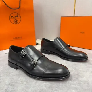 Hermès Double Monk Strap Cap Toe Black Leather Monk Shoes