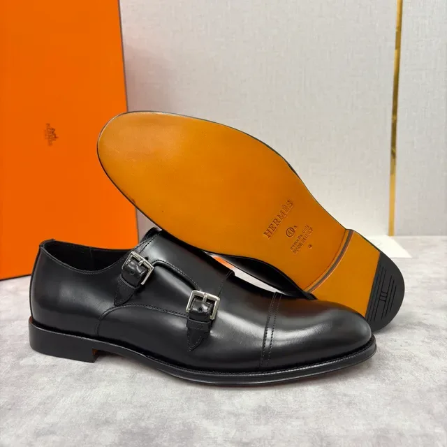 Hermès Double Monk Strap Cap Toe Black Leather Monk Shoes 2
