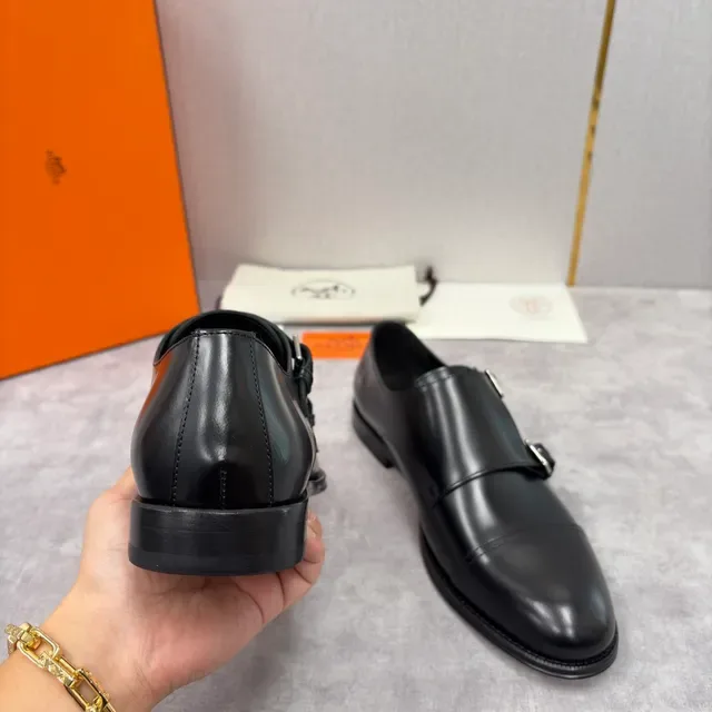 Hermès Double Monk Strap Cap Toe Black Leather Monk Shoes 3