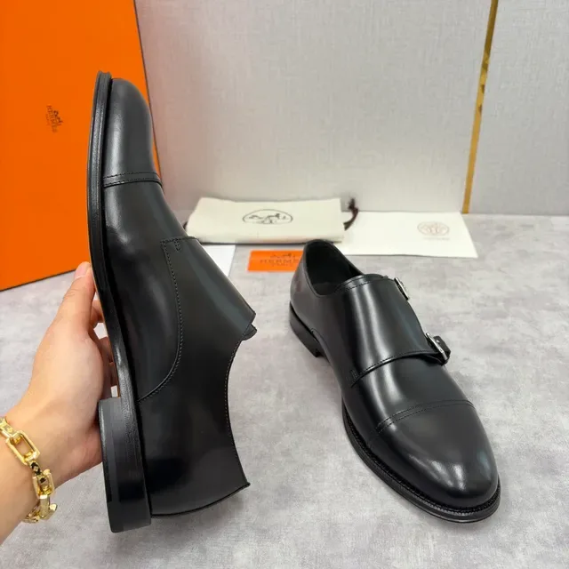 Hermès Double Monk Strap Cap Toe Black Leather Monk Shoes 4