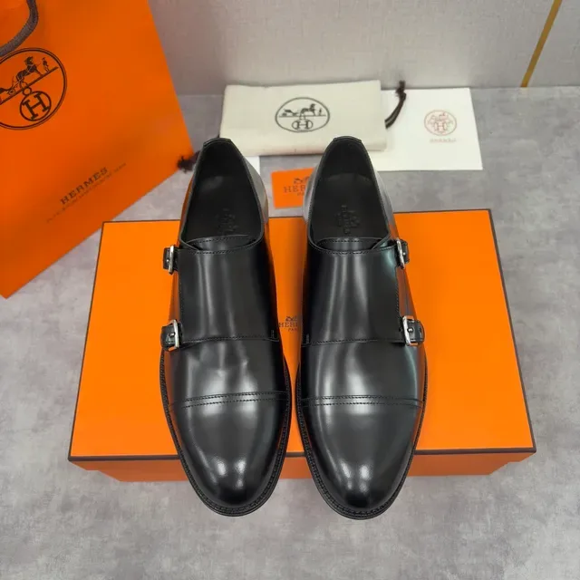 Hermès Double Monk Strap Cap Toe Black Leather Monk Shoes 5