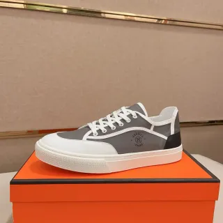 Hermès Gray White Low-Top Mixed-Material Sneakers