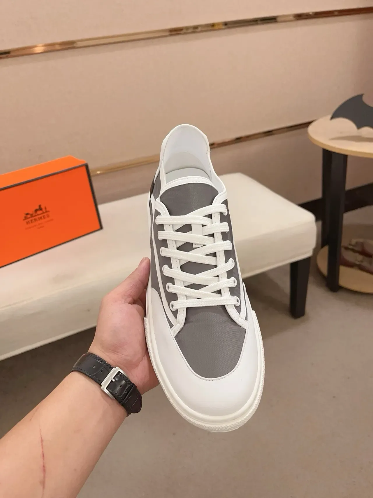 Hermès Gray White Low-Top Mixed-Material Sneakers 5
