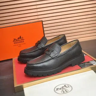 Hermès H-Buckle Loafer Black Beige Pebbled Leather Strap Loafer