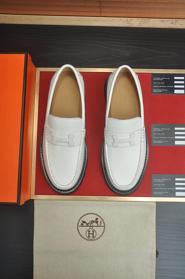 Hermès H-Buckle Loafer أبيض أسود جلد مقشر حذاء لوفر مع حزام 5