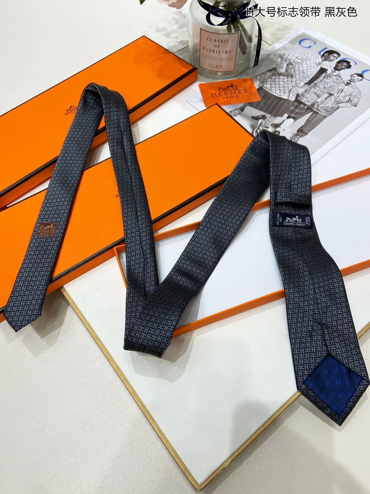 Hermès H-Motif Tejida Negro-Gris Corbata 8