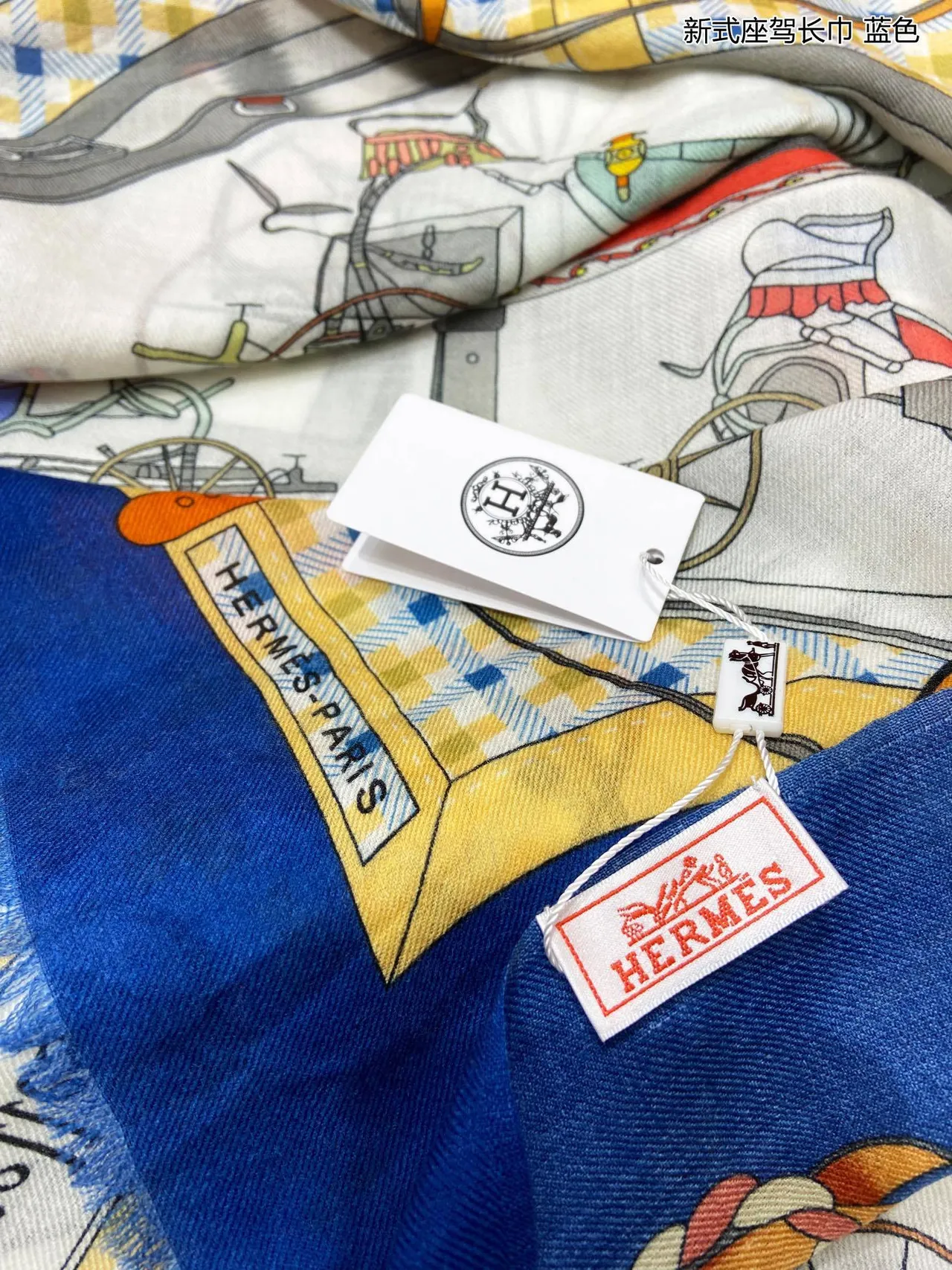 Hermès Les Voitures Nouvelles 蓝色丝绸丝巾 7