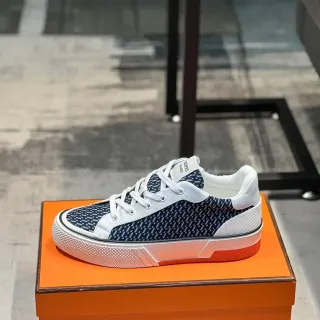 Hermès Navy White Geometric-Patterned Textile Upper Leather Overlays Sneakers