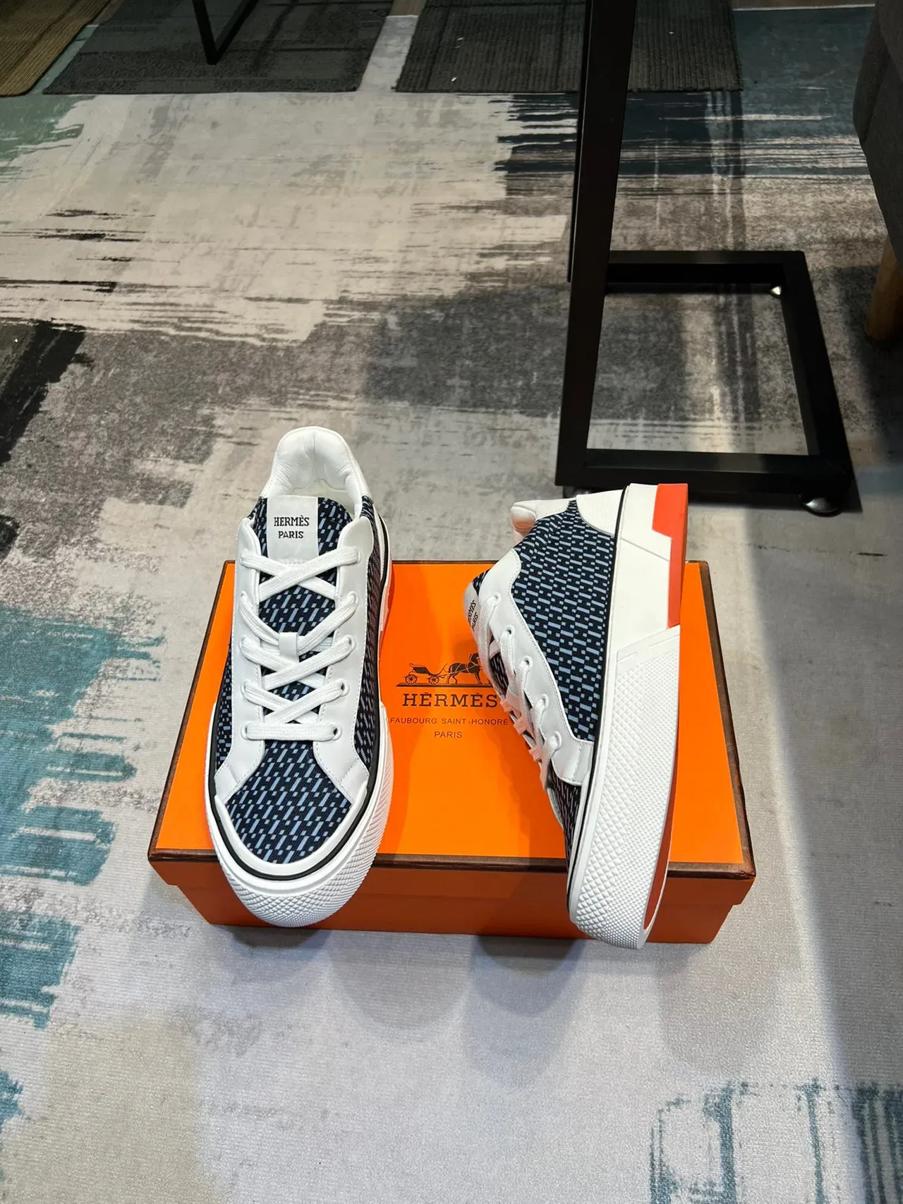Hermès Navy White Geometric-Patterned Textile Upper Leather Overlays Sneakers 4