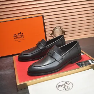 Hermès Oran 黑色皮革 H型扣乐福鞋