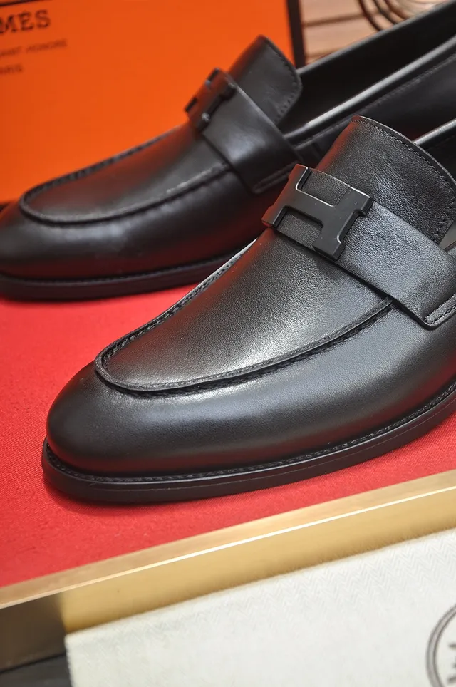 Hermès Oran Cuir Noir Boucle H Mocassins 2