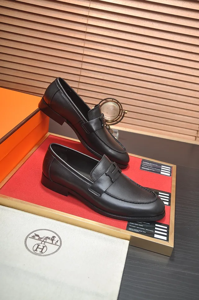 Hermès Oran Cuir Noir Boucle H Mocassins 4