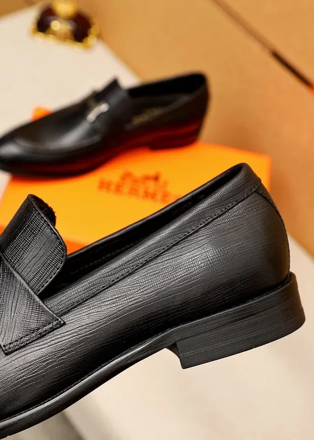 Hermès Oran Black Textured Leather H-Buckle Loafers 7