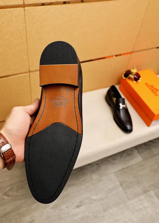 Hermès Oran Black Textured Leather H-Buckle Loafers 9