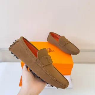 Hermès Oran 棕橙色麂皮鞋面 便士带 乐福鞋