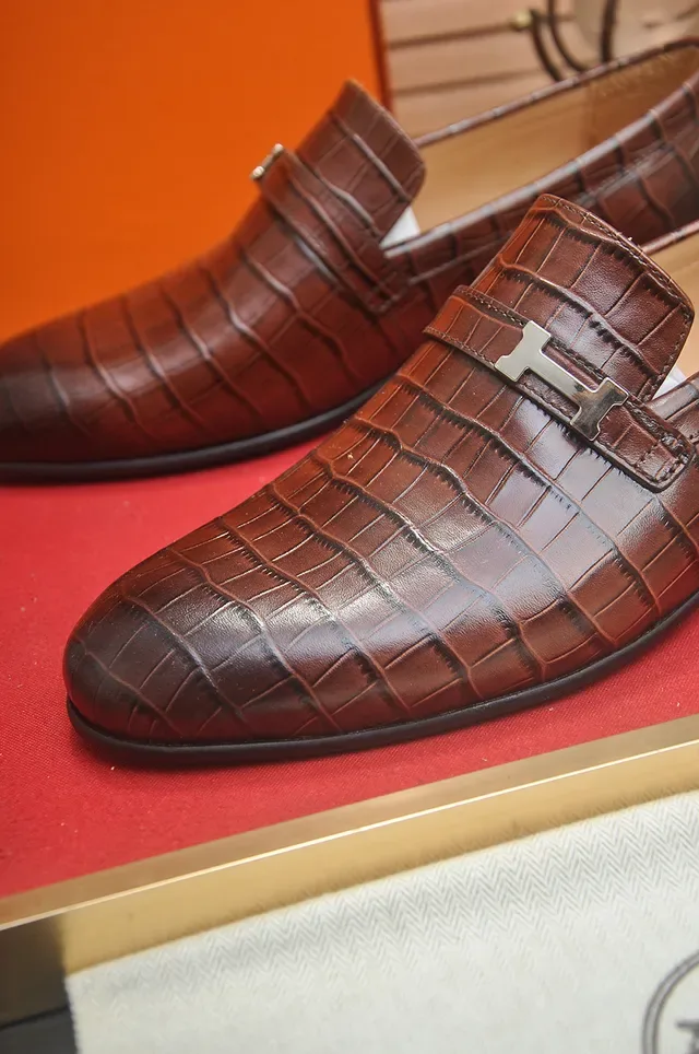 Hermès Oran Brown Silver Crocodile-Embossed Leather H-Buckle Strap Loafer 2