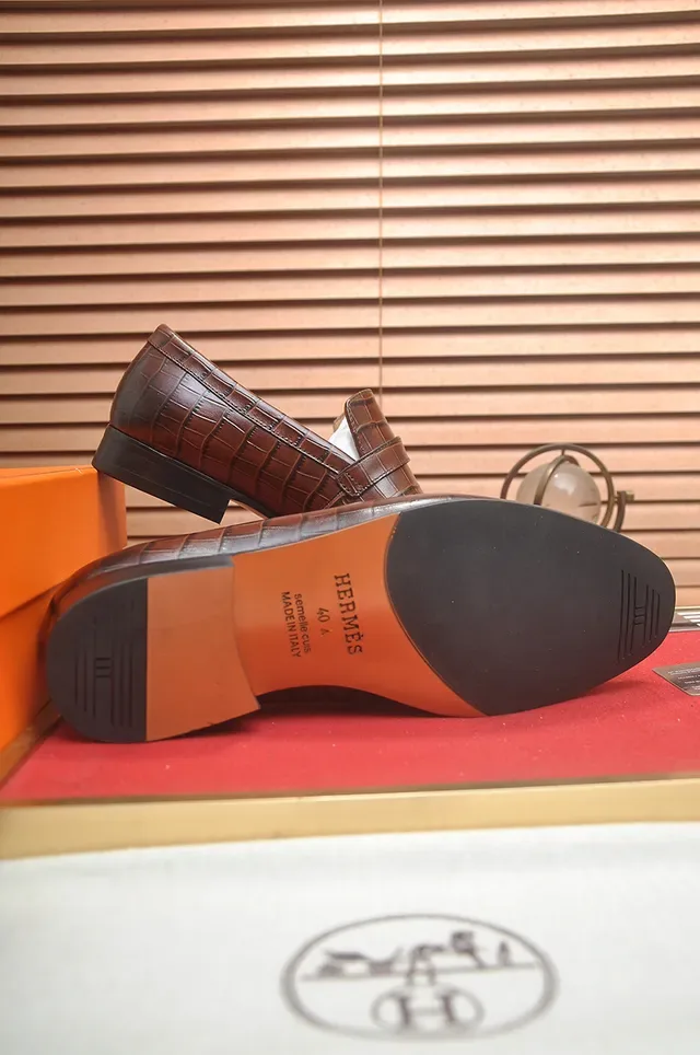 Hermès Oran Brown Silver Crocodile-Embossed Leather H-Buckle Strap Loafer 3