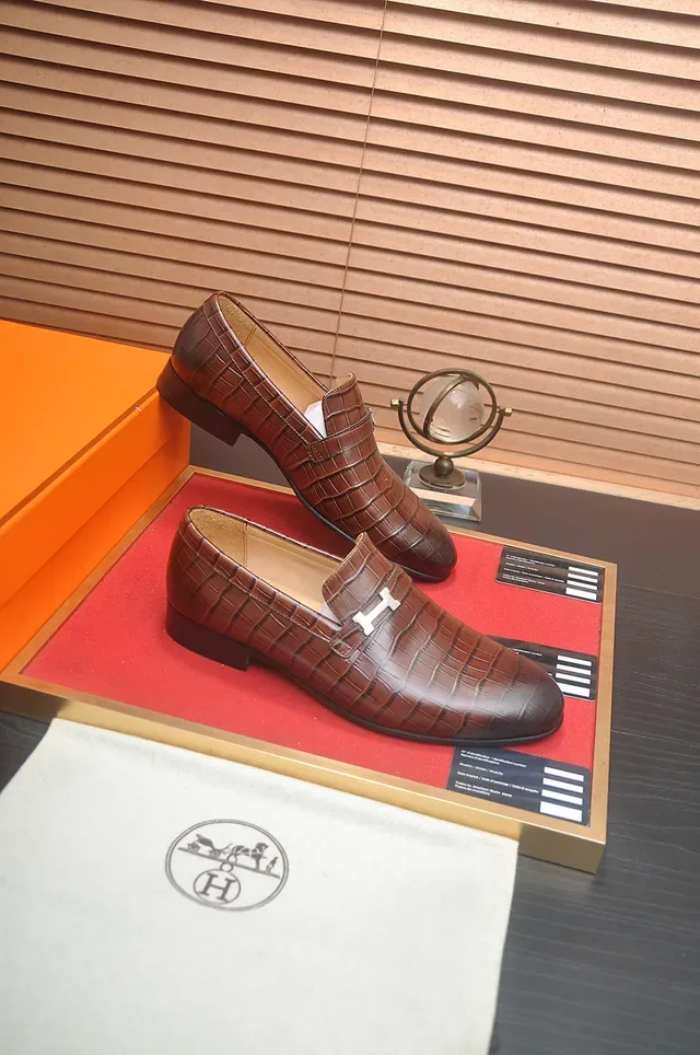 Hermès Oran Brown Silver Crocodile-Embossed Leather H-Buckle Strap Loafer 4