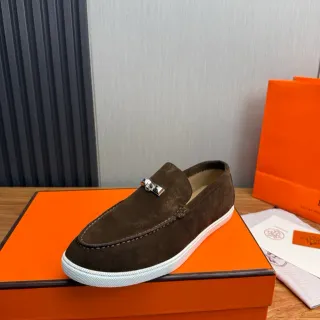 Hermès Oran भूरा सफेद सुड ऊपरी भाग H-Buckle Hardware Loafer