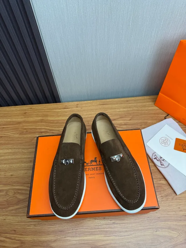 Hermès Oran Brown White Suede Upper H-Buckle Hardware Loafer 3