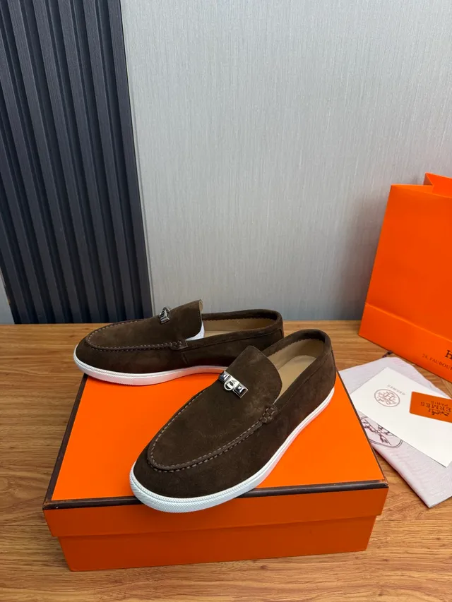 Hermès Oran Brown White Suede Upper H-Buckle Hardware Loafer 4