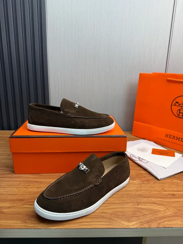 Hermès Oran Brown White Suede Upper H-Buckle Hardware Loafer 5