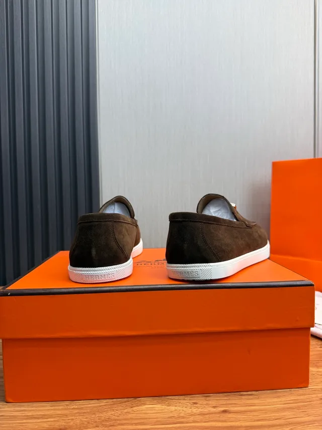Hermès Oran Brown White Suede Upper H-Buckle Hardware Loafer 6