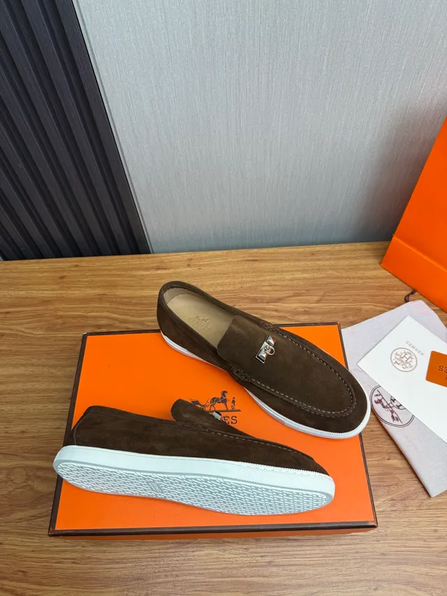Hermès Oran Brown White Suede Upper H-Buckle Hardware Loafer 7