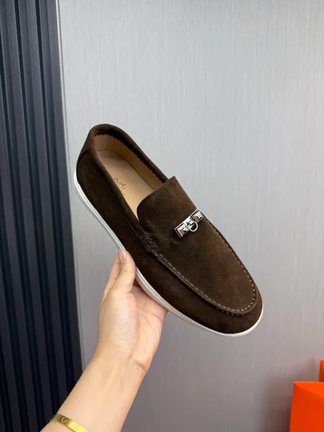 Hermès Oran Brown White Suede Upper H-Buckle Hardware Loafer 9