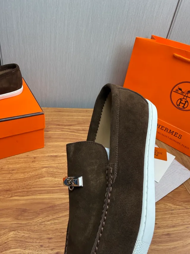 Hermès Oran Brown White Suede Upper H-Buckle Hardware Loafer 10