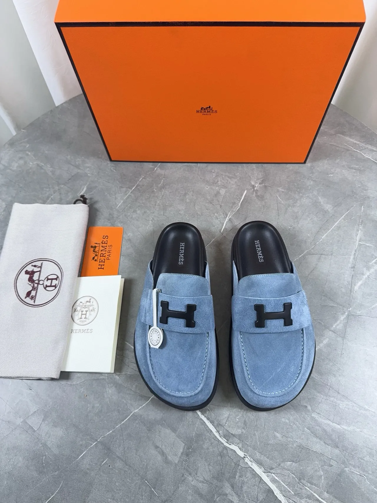 Hermès Oran Loafer Light Blue Suede Black Hardware Loafers 2
