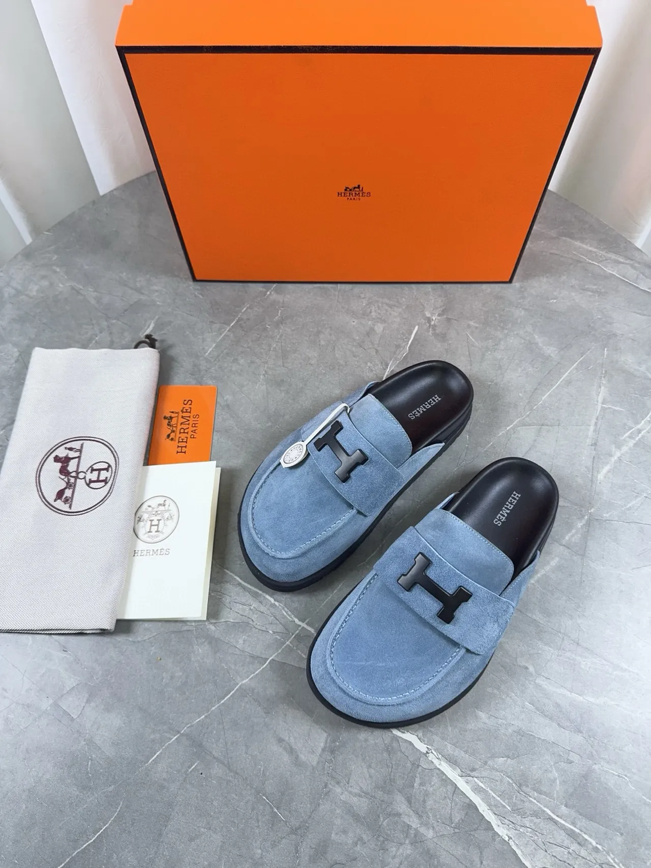 Hermès Oran Loafer Light Blue Suede Black Hardware Loafers 3