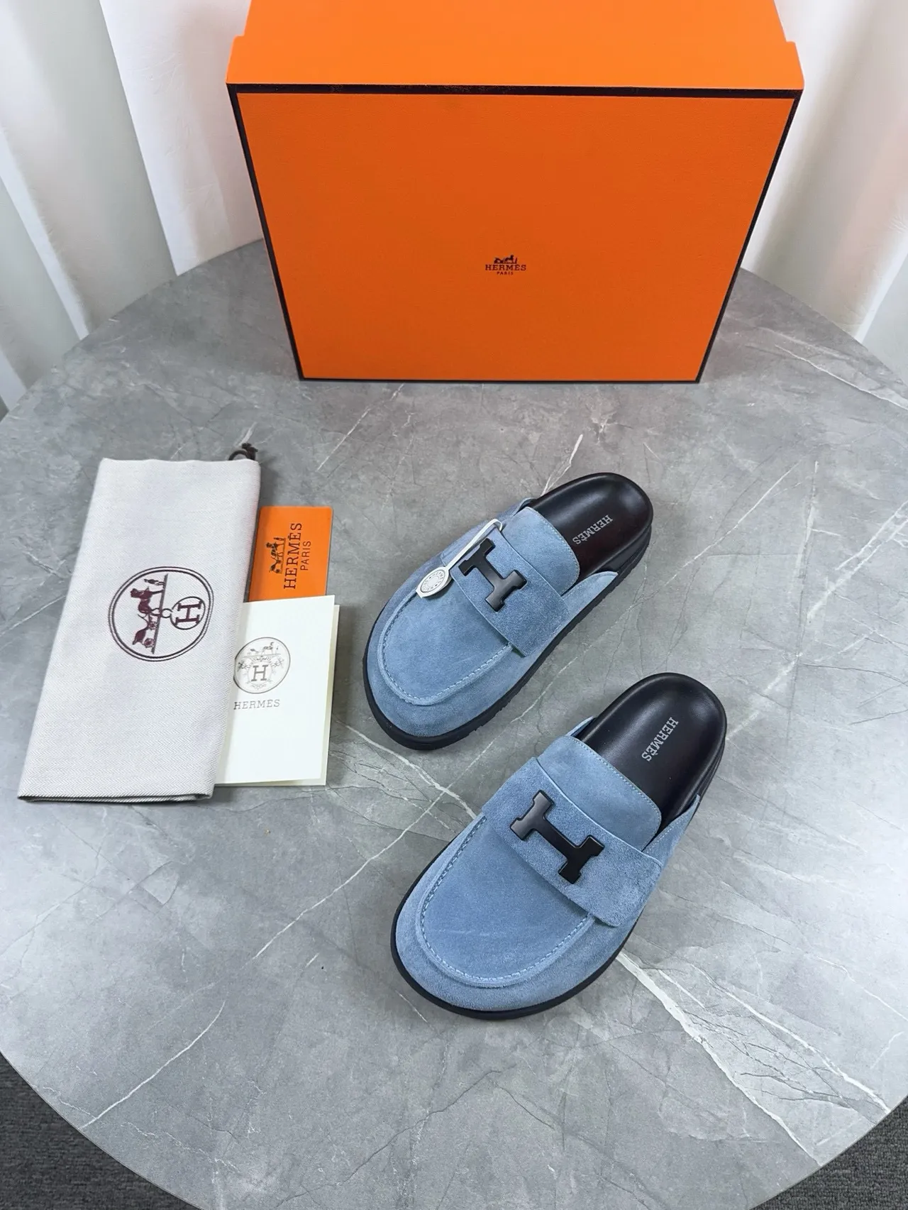 Hermès Oran Loafer Light Blue Suede Black Hardware Loafers 4